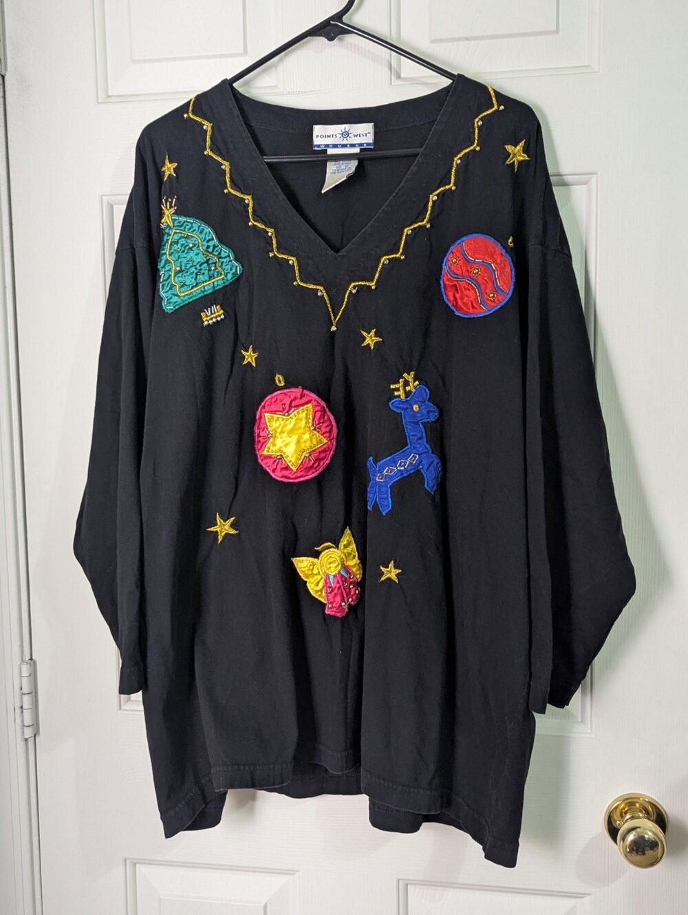VTG Ugly Christmas L/S T Shirt Womens 3X Embroidered Patch Beaded Angel Reindeer